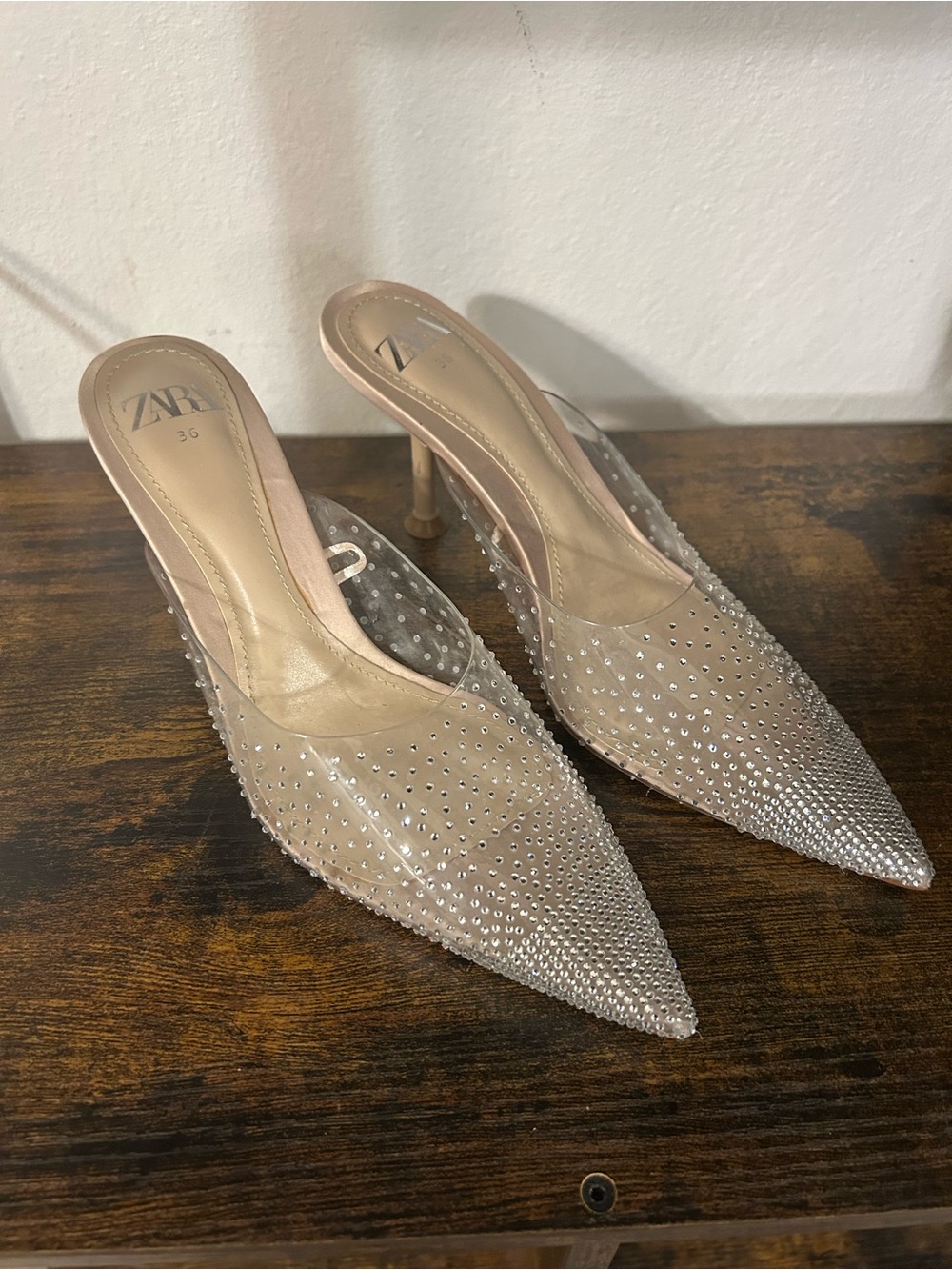 Zara Nude Crystal-Studded Pointed-Toe Clear Mules